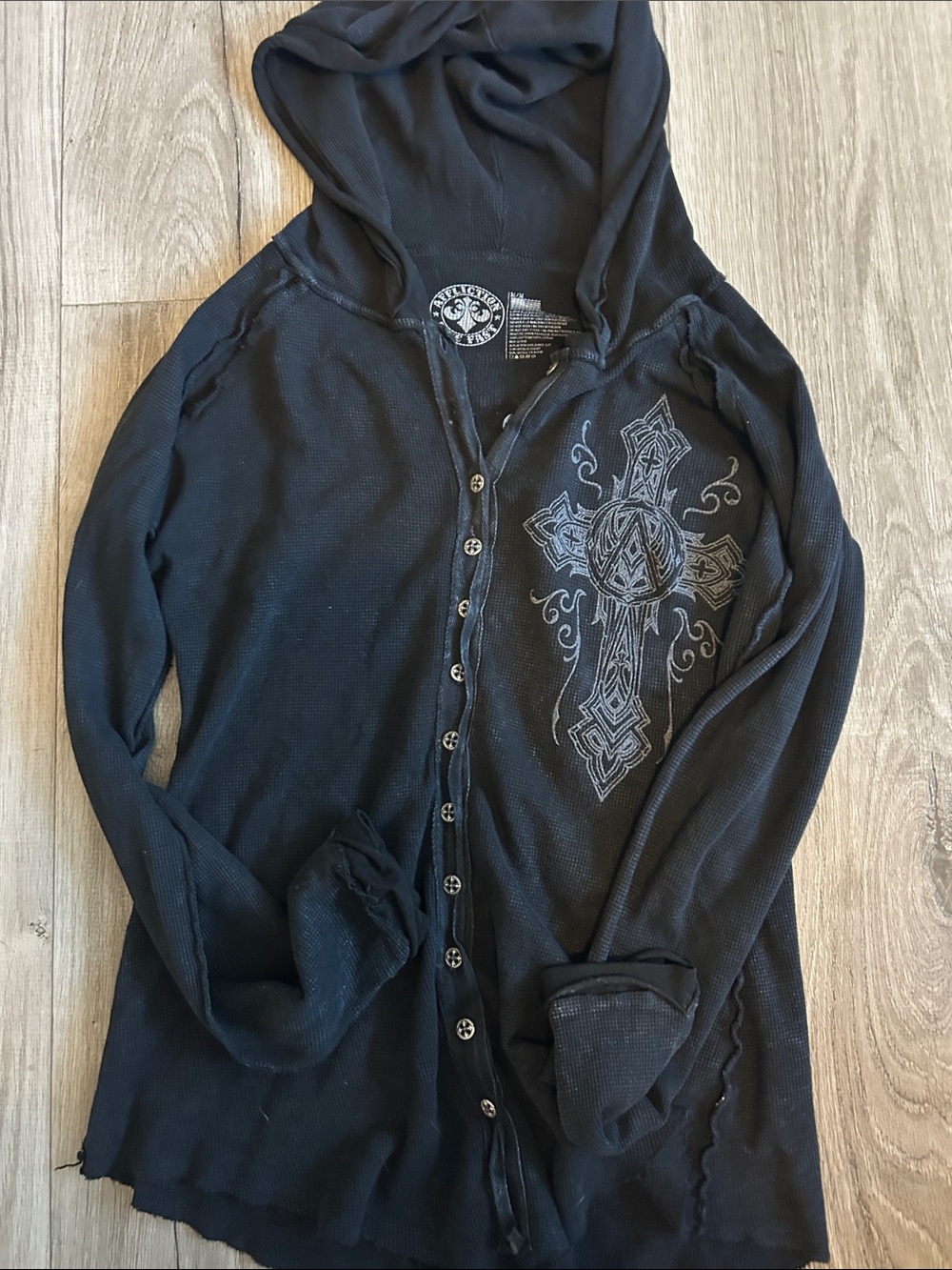 Affliction Black Hooded Button-Front Cardigan with Embroidered Cross